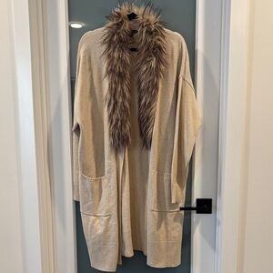 Saks Fifth Avenue Beige Cardigan with Faux Fur Trim